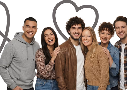 Lächelnde Gruppe junger Erwachsener steht zusammen und steht für die Jaumo-Community und echte menschliche Verbindungen