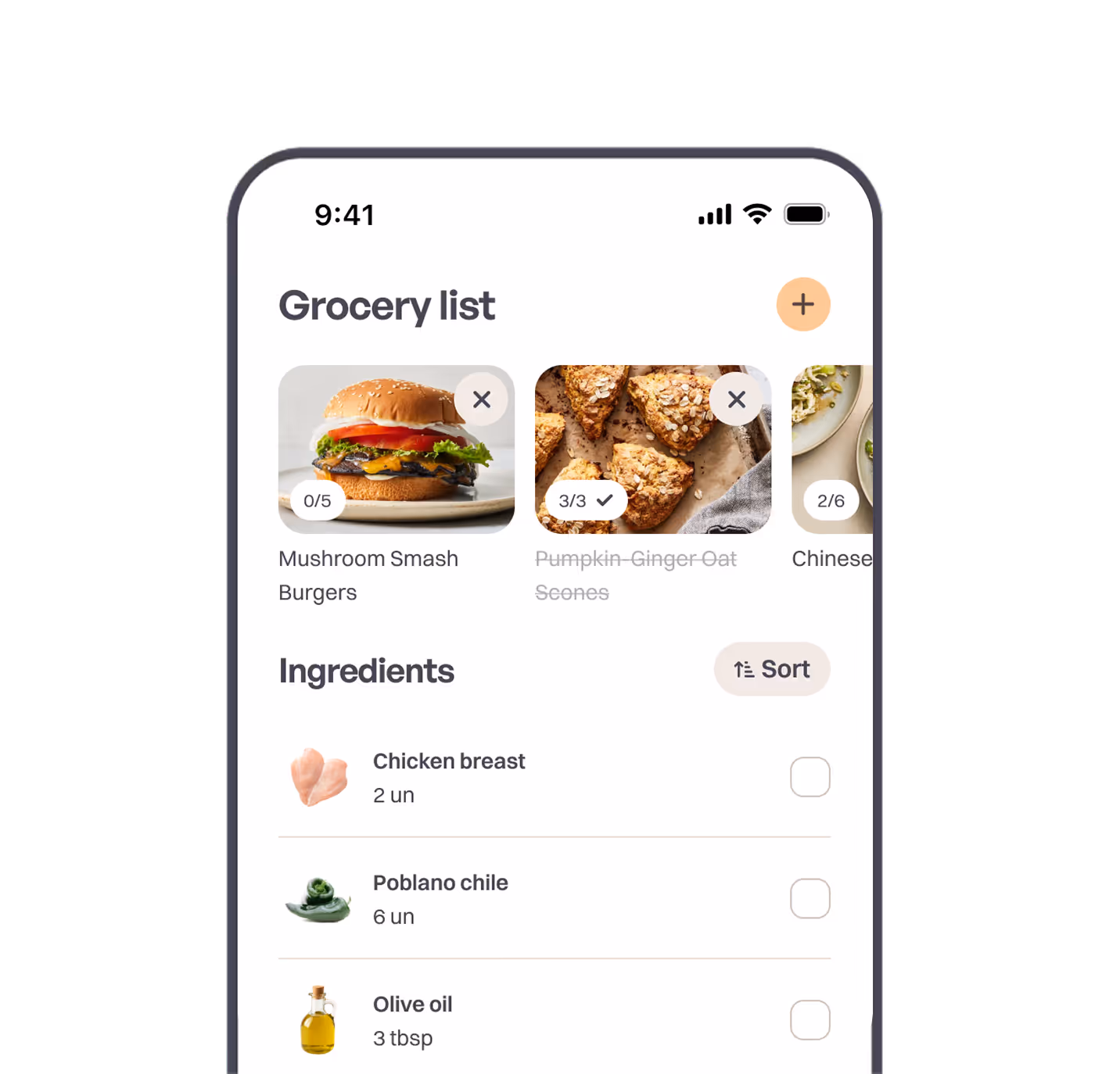 MealBuddy app showing an automatically generated grocery shopping list grouped by supermarket aisle with checkable items