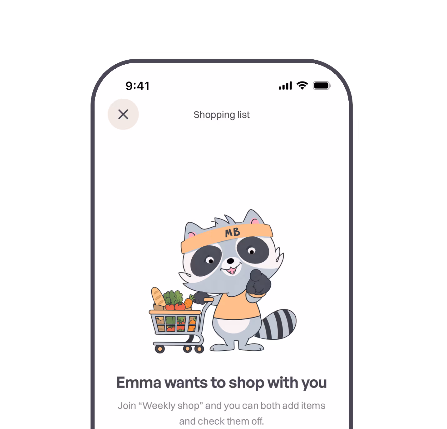 MealBuddy app showing an invite to join a shared shopping list