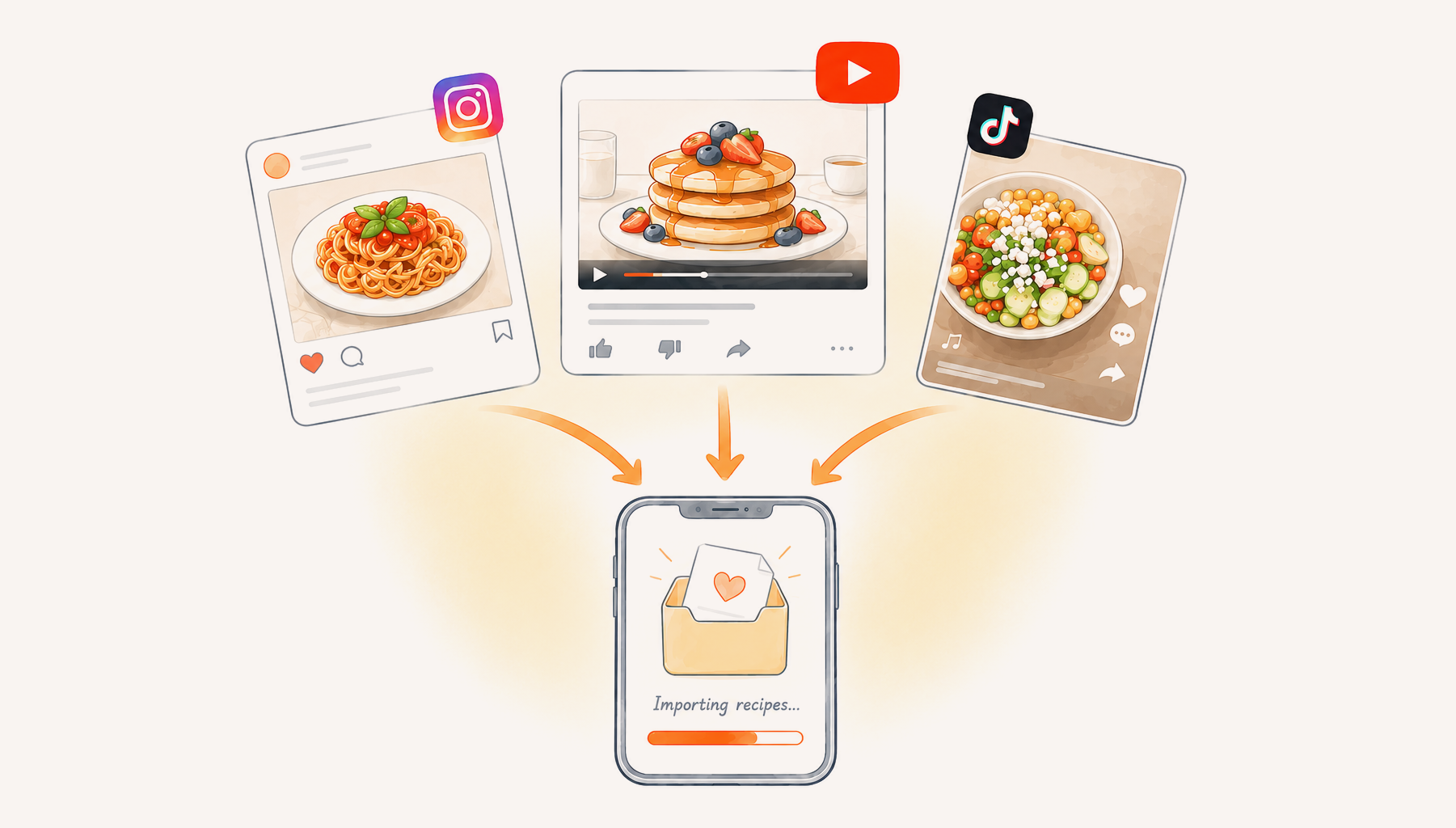 Recipes from websites and social apps being imported into the MealBuddy app on a phone