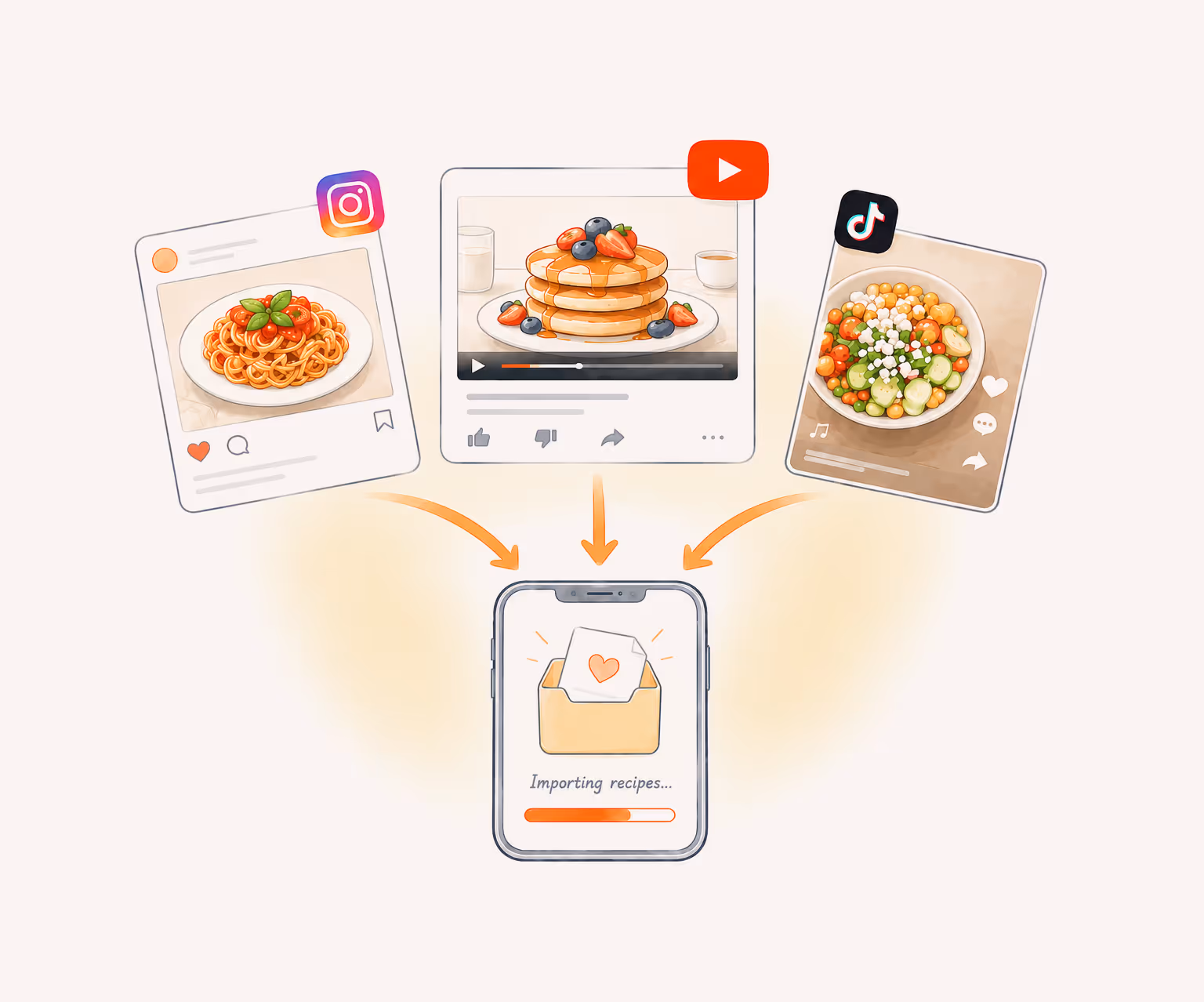 Recipes from websites and social apps being imported into the MealBuddy app on a phone