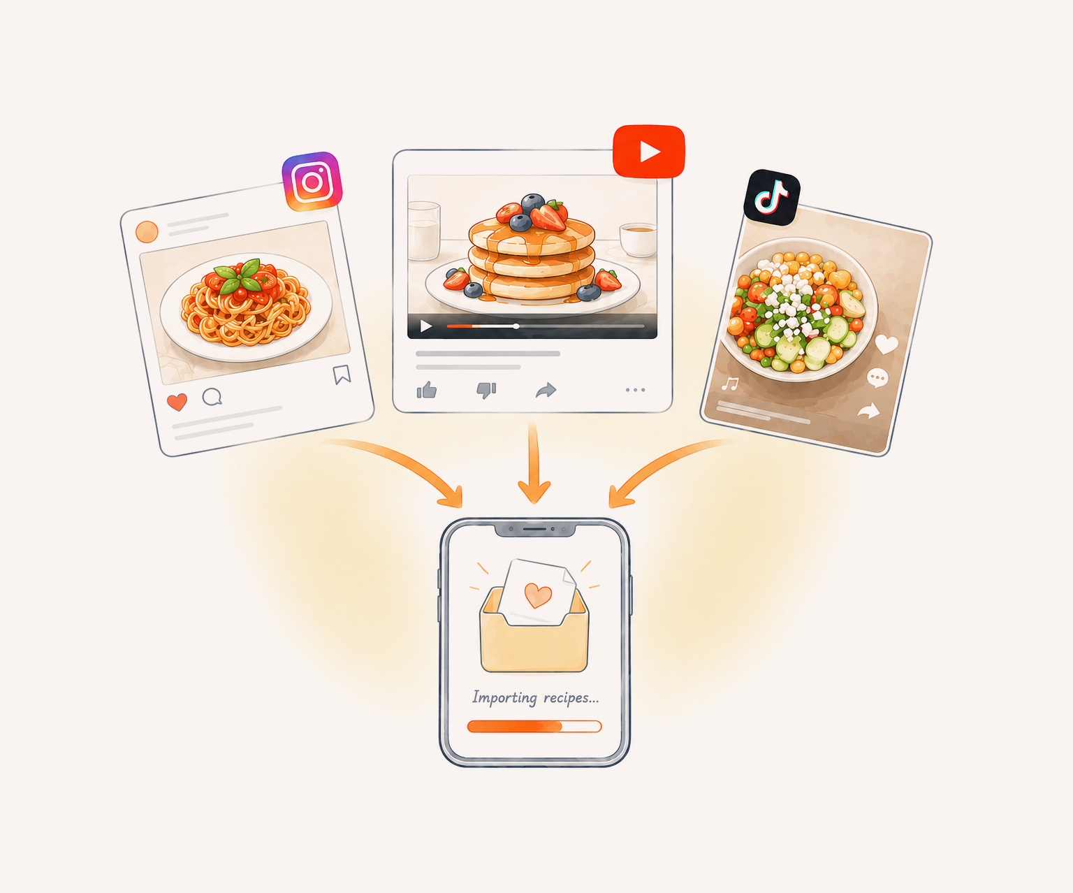 Recipes from websites and social apps being imported into the MealBuddy app on a phone