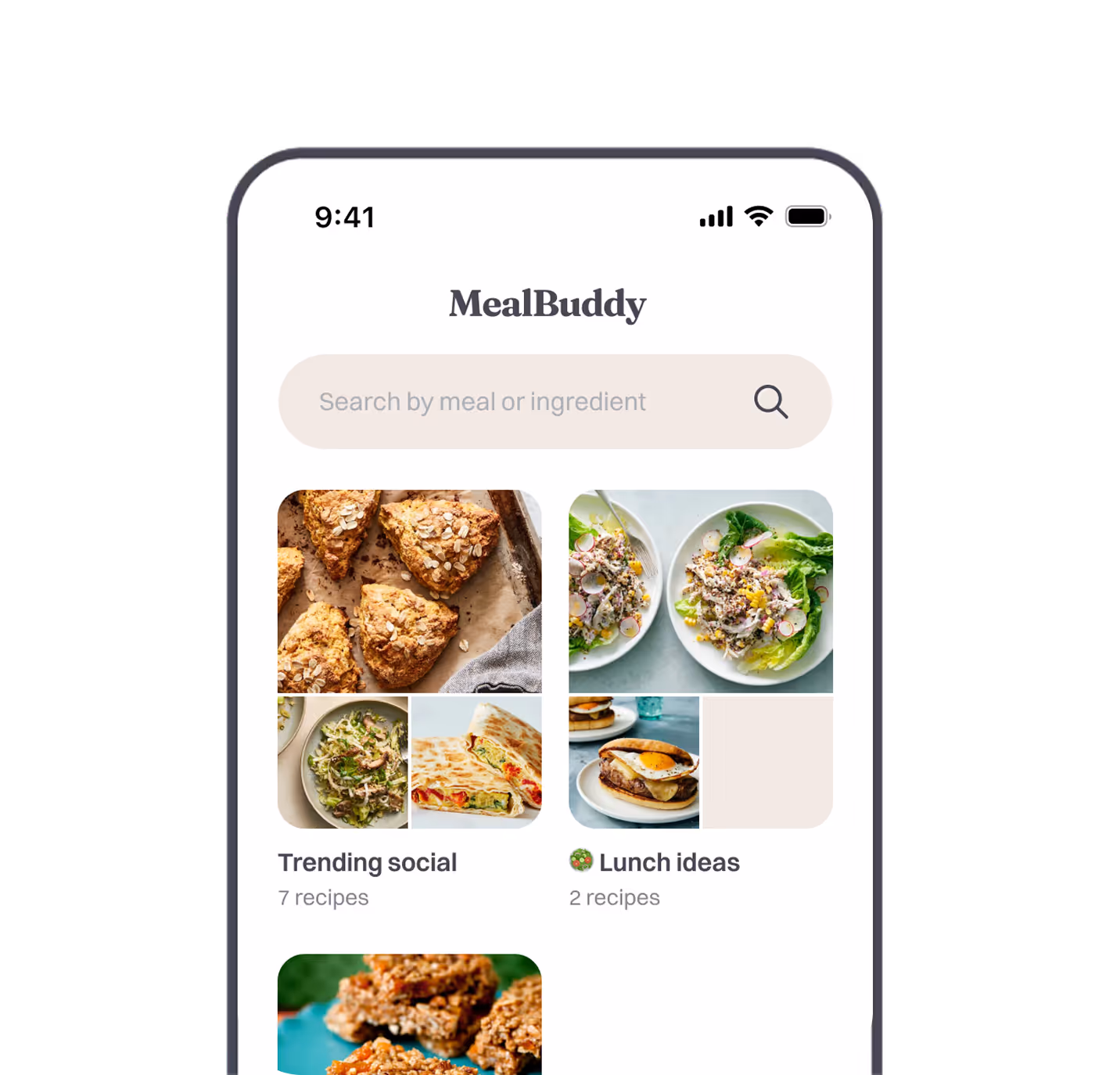 MealBuddy app displaying recipe lists with cover images, cooking time and nutrition details for each saved recipe