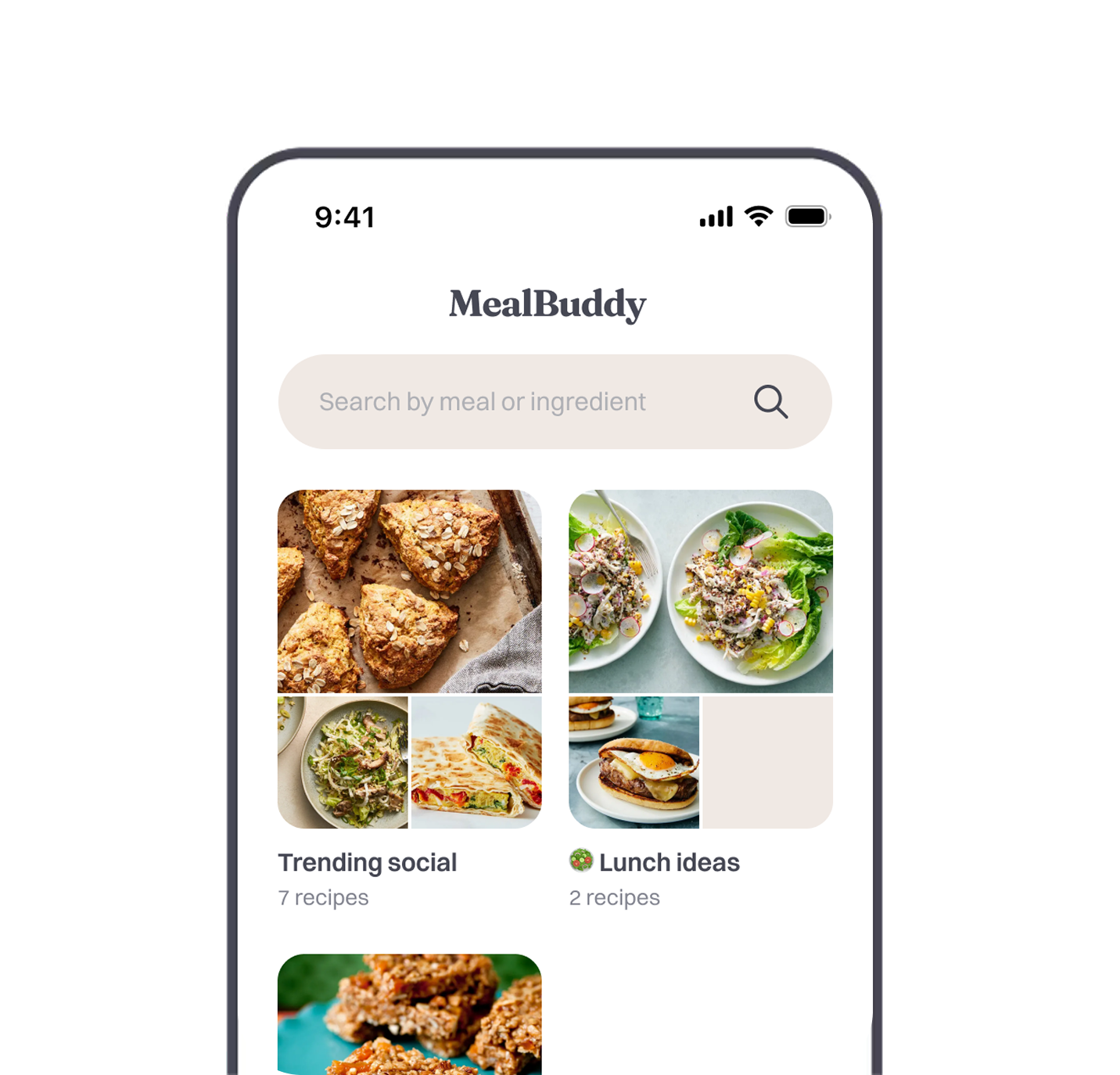MealBuddy app displaying recipe lists with cover images, cooking time and nutrition details for each saved recipe