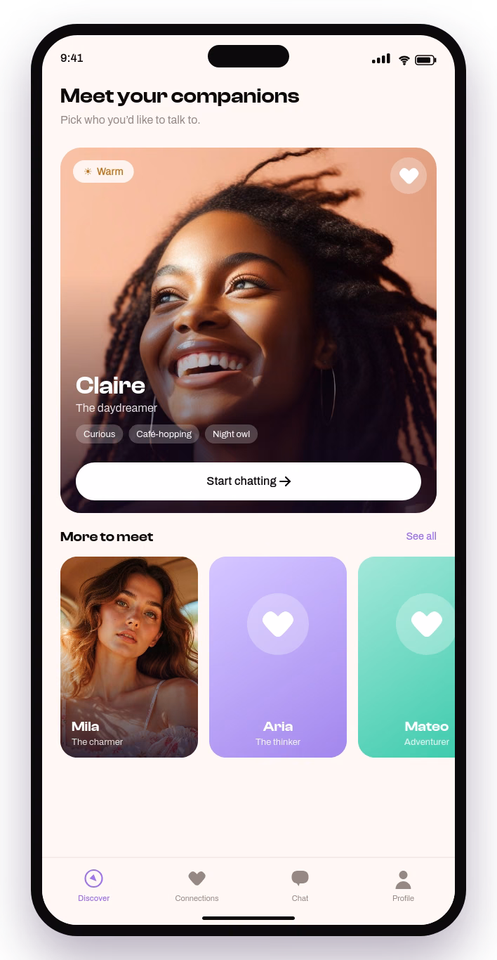 Vilo character picker showing AI characters with distinct personalities