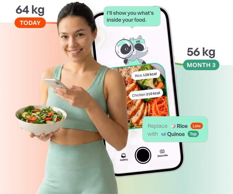 Woman using the WeightBuddy app to track meals and weight loss progress on a smartphone